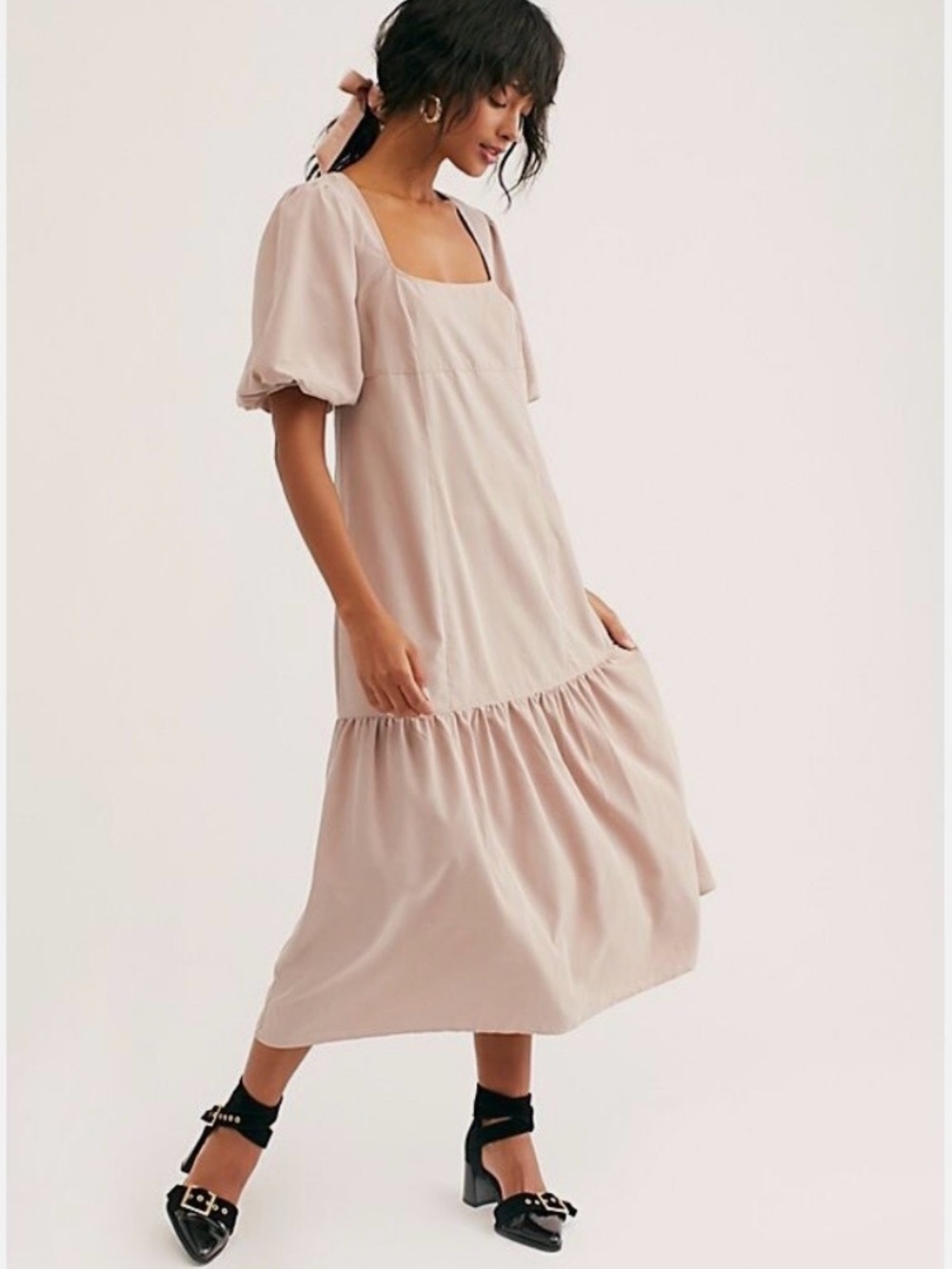 Free People Blush Pink Puff Sleeve Maxi Dress | Square Neck | Size Medium